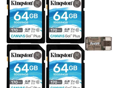 Kingston 64GB SDXC Canvas Go Plus 170MB s Read Memory Card (SDG3 64GB, 4-Pack) Bundle with High Speed USB Card Reader (5 Items) Online Sale