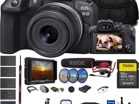 Canon EOS R10 Mirrorless Camera with 18-45mm Lens (5331C009) + 4K Monitor + Rode VideoMic + Sony 64GB Tough SD Card + Filter Kit + Bag + 3 x LPE17 Battery + Card Reader + LED Light + More Fashion