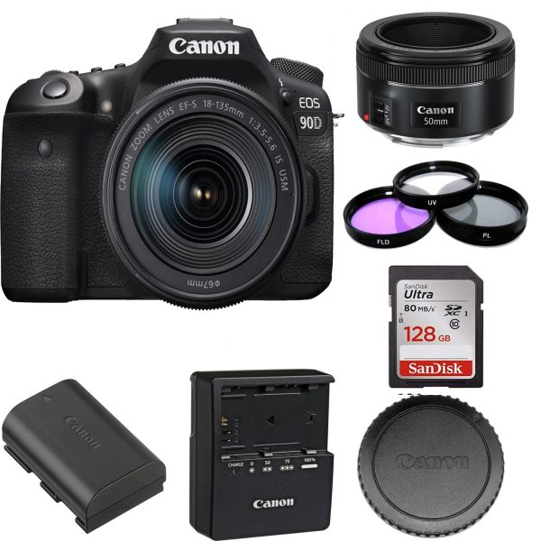 Canon EOS 90D DSLR Camera with 18-135mm Lens | Canon EF 50mm f 1.8 STM Lens | SanDisk 128GB Bundle Discount