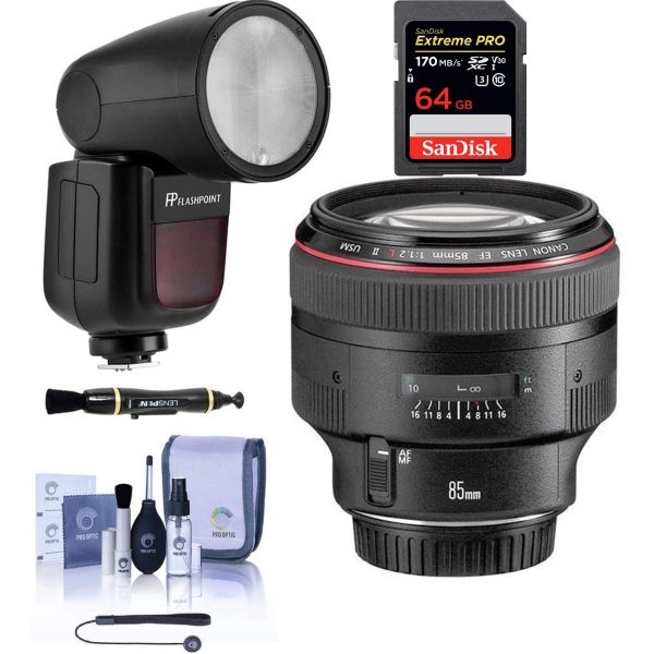 Canon EF 85mm f 1.2L II USM Lens with Flashpoint Zoom Li-on X R2 TTL & Sandisk Extreme Pro 64GB Bundle Online now