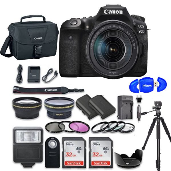 Canon EOS 90D DSLR Camera with 18-135mm Lens with 2x Sandisk 32GB Memory Cards | Canon EOS Case | Tripod | & More Discount