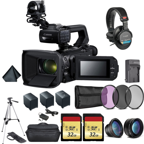 Canon XA50 Professional UHD 4K Camcorder Bundle with 2x Spare Batteries 2x 32GB Memory Cards Carrying Case Sony MDR 7506 Headphones Supply