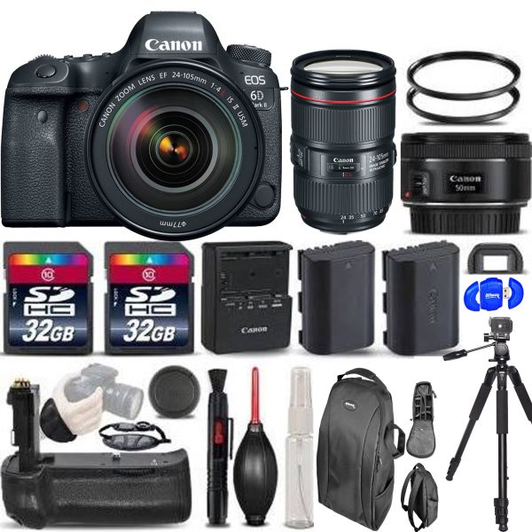 Canon EOS 6D Mark II DSLR Camera with 24-105mm f 4L II Lens |50mm 1.8 | 2X 32GB Memory Cards | Battery Grip & More Online Hot Sale