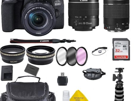 Canon EOS 850D   T8i SLR Camera w EF-S 18-55mm F 3.5-5.6 III Zoom Lens+Canon EF-S 75-300 Lens+ Case+ Full Tripod+ 32gb+ More + TopKnotch Deals Cloth (International Model) Bundle Sale