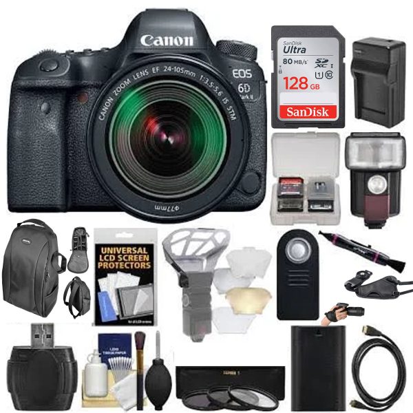 Canon EOS 6D Mark II DSLR Camera with 24-105mm f 3.5-5.6 Lens Lens with 128GB Card + Backpack + Flash + Diffuser + Battery & Charger + Filters + Kit Online now