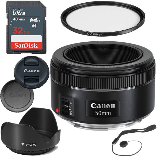 Canon EF 50mm f 1.8 STM Lens with Sandisk 32GB Memory Card | UV Filter & Cap Keeper For Sale