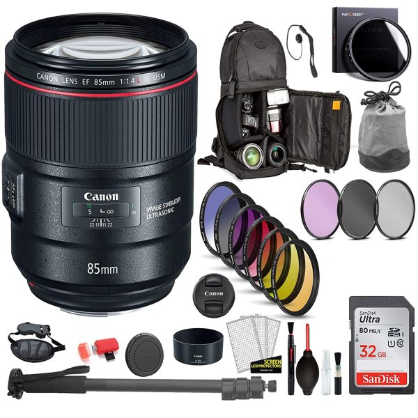 Canon EF 85mm f 1.4L IS USM Lens with Professional Bundle Includes- Backpack, Filter Kit, Sandisk 32GB SD + More Online