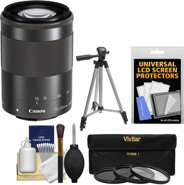 Canon EF-M 55-200mm f 4.5-6.3 is STM Lens with Tripod 3 UV CPL ND8 Filters Bundle For Sale