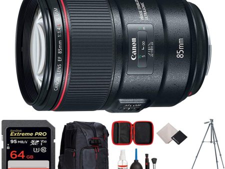 Canon EF 85mm f 1.4L IS USM Lens with Sandisk Extreme Pro 64GB | DSLR Backpack | Tripod & Cleaning Kit Bundle Online Hot Sale