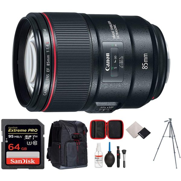 Canon EF 85mm f 1.4L IS USM Lens with Sandisk Extreme Pro 64GB | DSLR Backpack | Tripod & Cleaning Kit Bundle Online Hot Sale