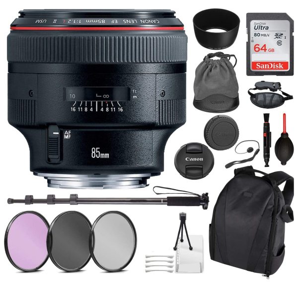 Canon EF 85mm f 1.2L II USM Lens with Sandisk 64GB Starter Package Supply