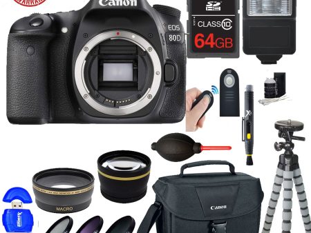 Canon EOS 80D DSLR Camera (Body Only) Bundle 64GB SDXC MC|DSLR Bag|Wide Angle& 2x Telephoto Lenses|Flash & More Supply