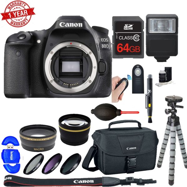 Canon EOS 80D DSLR Camera (Body Only) Bundle 64GB SDXC MC|DSLR Bag|Wide Angle& 2x Telephoto Lenses|Flash & More Supply