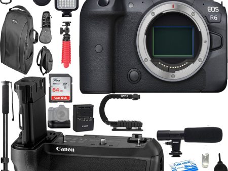 Canon EOS R6 Mirrorless Digital Camera (Body Only) with Canon BG-R-10 Battery Grip | Monopod | Microphone | Sandisk 64GB Essential Bundle Hot on Sale