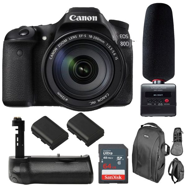 Canon EOS 80D with 18-200mm IS Lens with Tascam DR-10SG Audio Recorder & Microphone Kit For Cheap