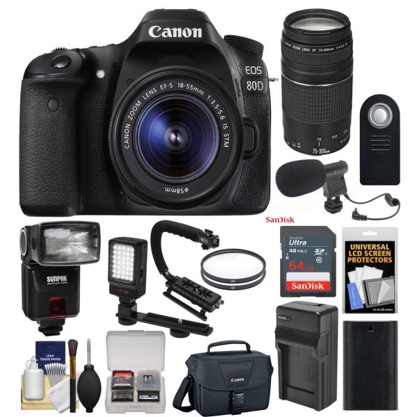 Canon EOS 80D Wi-Fi Digital SLR Camera & EF-S 18-55mm IS STM w  75-300mm III Lens + 64GB + Battery + Case + Flash + LED Light + Mic + Stabilizer Kit For Cheap