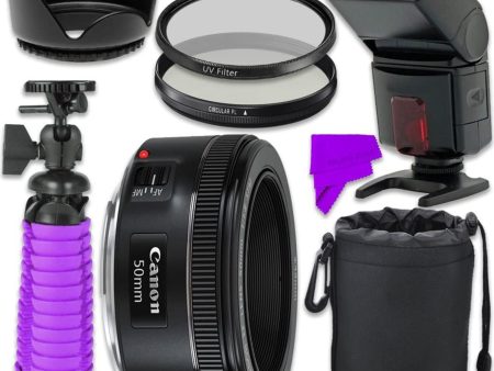 Canon EF 50mm f 1.8 STM Lens with TTL Flash | Filters | Flexible Tripod | Lens Hood | Pouch & Cleaning Kit Bundle For Sale