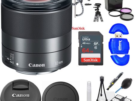 Canon EF-M 32mm f 1.4 STM Lens with 64GB Essential Lens Bundle Supply