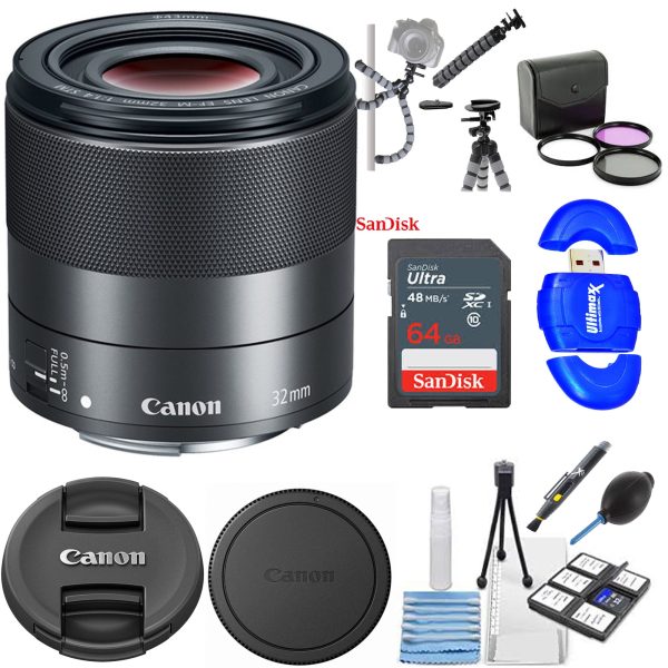 Canon EF-M 32mm f 1.4 STM Lens with 64GB Essential Lens Bundle Supply