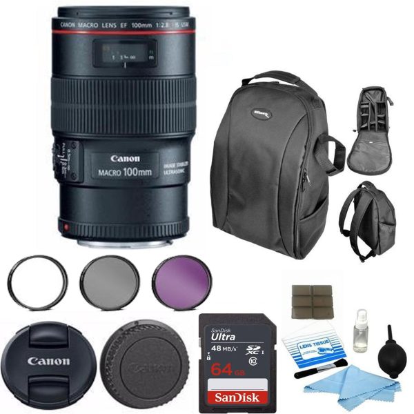 Canon EF 100mm f 2.8L Macro IS USM Lens with Sandisk 16GB | Backpack | Filter Kit & Cleaning Kit For Sale